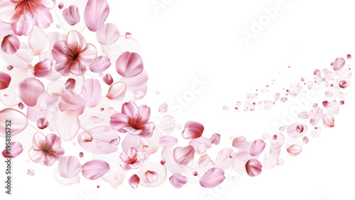 Sakura blossom with delicate pink petals flying in spring breeze. Realistic cherry flower elements in romantic Japanese atmosphere with soft floral patterns and gentle fragrance effect on white.