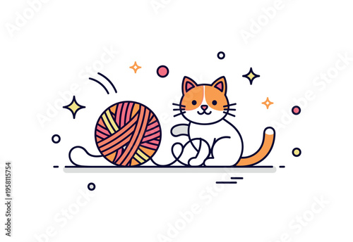 Cat and yarn playtime with a cheerful kitten tangled lightly in a bright yarn ball. Small decorative stars highlight movement, fun and playful
