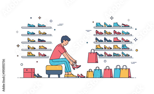 Trying on shoes in a boutique with a person sitting and testing a stylish pair, surrounded by shelves of neatly arranged footwear, highlighting choice and