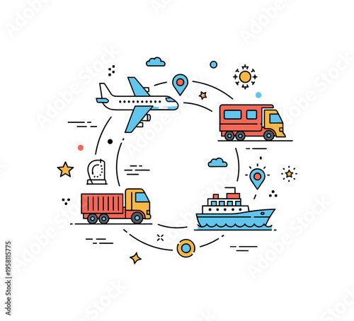 Multimodal transport concept interconnected airplane train truck and ship icons arranged around a circular route map, highlighting cooperation