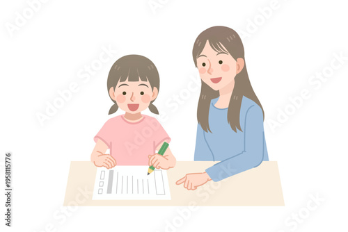 女の子と課題をサポートする先生