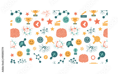 brain reward system seamless pattern, dopamine molecules, neurons, motivational icons, reward symbols and synaptic activity arranged in a repeating pattern,