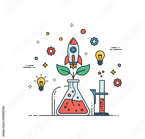 Startup incubators supporting early stage founders through mentorship and resources, symbolized by a small growing rocket emerging from a protective lab flask