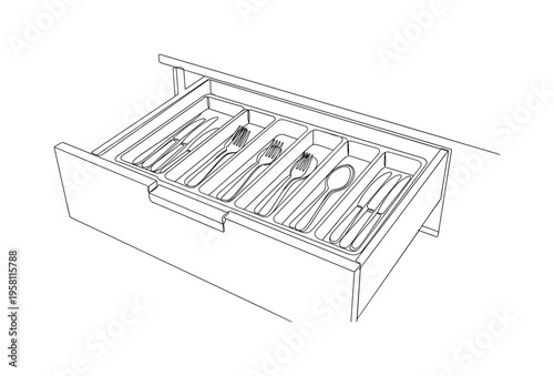 Drawer Organizers for Cutlery. Minimalistic one-line drawing kitchen drawer open with neatly arranged cutlery in organizer compartments, continuous single