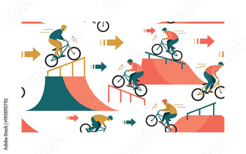 park stunt biking seamless pattern, riders performing jumps and flips over ramps and rails with helmets, bikes and motion arrows arranged in a repeating