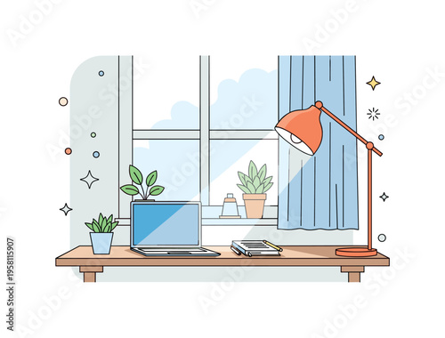 Natural light workspace desk placed beside a bright window where sunlight falls across a laptop and notebook creating an inspiring working environment. The