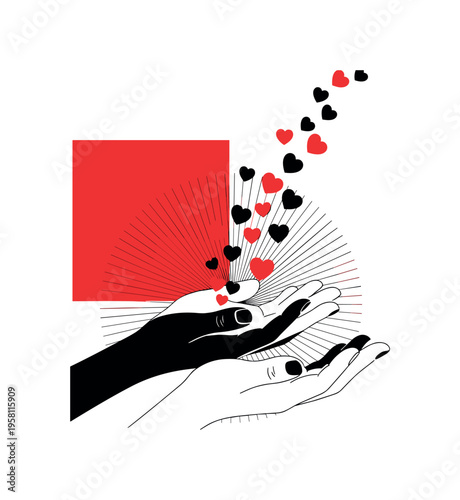 Black and white open hands releasing small heart symbols upward, large red geometric block offset behind for emphasis, subtle diagonal lines implying spreading