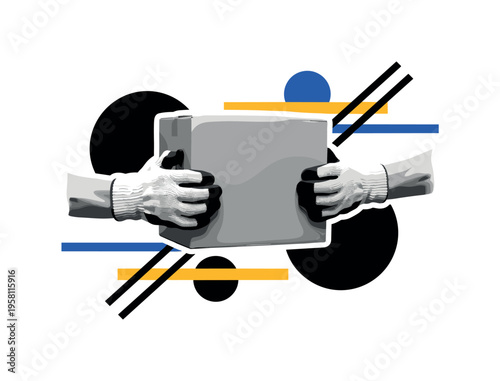 black and white pair of gloved hands gripping a heavy cardboard box, realistic cut-out objects with white outline, bold circular shapes and diagonal bars