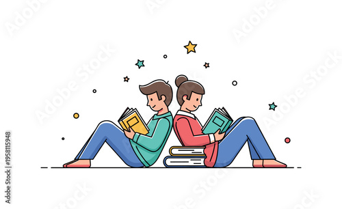 Quiet reading companionship two friends relaxing with books side by side while small floating stars suggest imagination and peaceful focus. Gentle moment