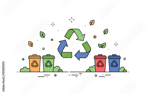 Community composting hubs neighborhood compost station with organic waste bins, small leaf icons, and arrows forming a circular recycling symbol representing