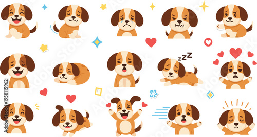 Cute puppy emotions set with different facial expressions and moods, adorable dog cartoon character collection for stickers and emoticons vector illustration
