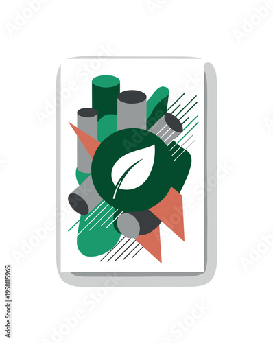 green sustainability label featuring monochrome leaf icon layered with geometric cylinders and diagonal lines suggesting movement and renewal, emerald green