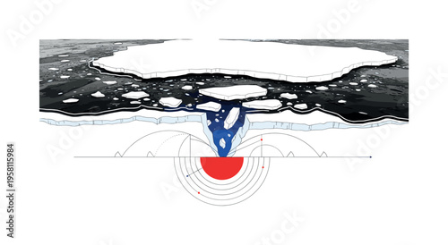 scientific view of a polar polynya with ice floes drifting apart, black and white ice textures cut-out with white contour outline, bold red circle under the