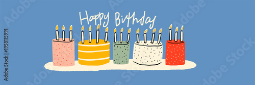 Birthday cake with ten candles and happy birthday text. Illustrated birthday cake with ten lit candles and Happy Birthday message on blue background