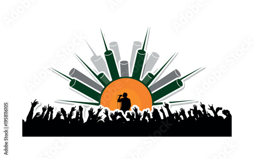 Black and white audience silhouettes raising hands and phones, bright orange circle spotlighting a central singer, dark green cylindrical shapes and sharp