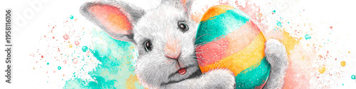 White rabbit holding colorful Easter egg, watercolor splash background. White rabbit holding a brightly striped Easter egg against a vibrant watercolor splash background