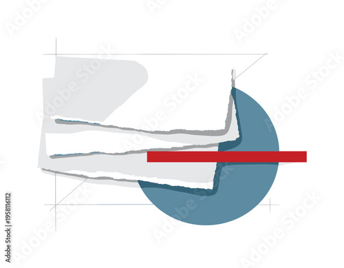 black and white layered white paper sheets slightly offset with visible soft shadows, subtle torn edge detail, large muted blue circle partially hidden beneath