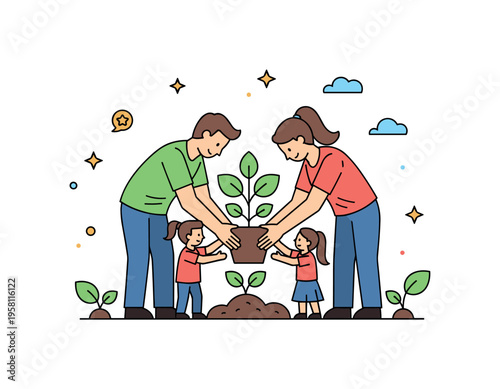 Planting a tree for the future family carefully placing a young tree into the soil while small leaves and stars decorate the scene suggesting growth and hope.