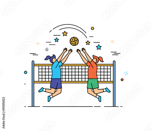Volleyball team rally moment with two players jumping near a net while a ball arcs above them and small motion stars suggest an energetic exchange. The scene