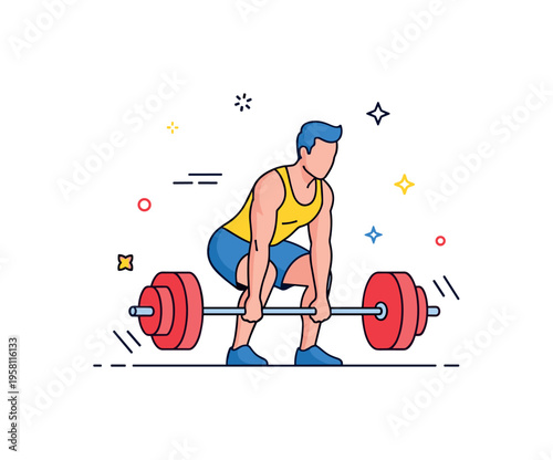 Deadlift training technique depicted by a focused athlete lifting a barbell from the ground with small motion lines emphasizing control and proper form. The