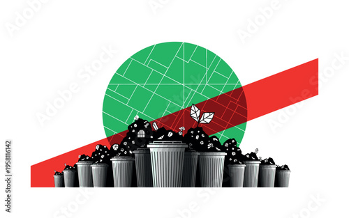 Black and white overflowing trash bins arranged in layered perspective, large flat green circle intersected by thin grid lines like city planning map, bright