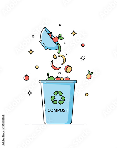 Composting kitchen waste simple home sustainability routine where vegetable peels and fruit scraps fall from a small kitchen bowl into a compact compost bin