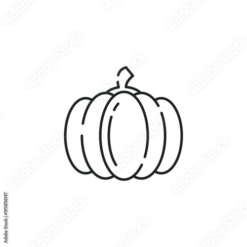 Simple Black Outline Illustration of Round Pumpkin with Stem.