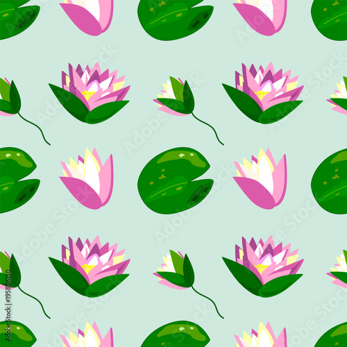 Vector pattern with lotus flowers, water lilies on a mint background. Pattern with pond plants