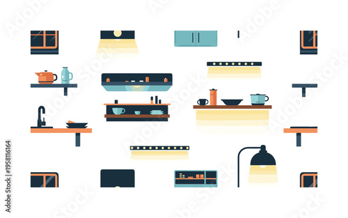 workspace illumination icons seamless pattern, repeating pattern, surface design, textile print, modern illustration of LED strips, countertops, shelves, and