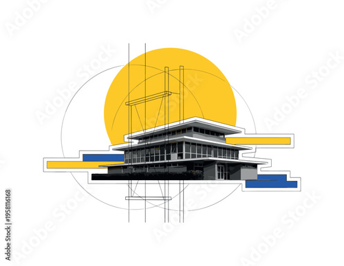 black and white retro modernist flat roof building inspired by mid century architecture, large yellow circle and overlapping semicircles behind the structure,