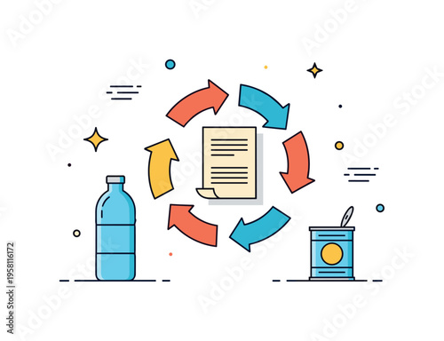 Reduce reuse recycle concept recycling arrows forming a circular symbol around simple items like a bottle, paper sheet, and metal can. Balanced visual metaphor