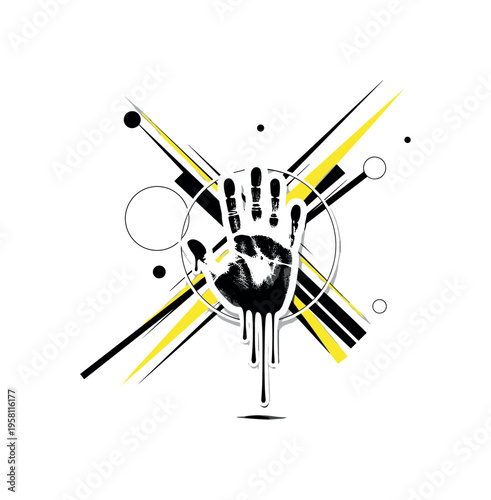 black-and-white handprint stamped onto an invisible surface with paint dripping from the fingertips, geometric circles and diagonal lines expanding from the