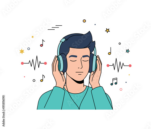 Music lover with headphones person closing their eyes while listening through over ear headphones as small rhythm lines and notes appear around the scene. The