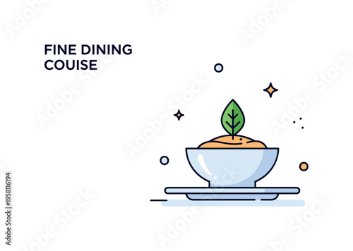 Fine dining soup course featuring a small elegant bowl placed on a plate with a decorative garnish leaf on top. The illustration reflects refined restaurant