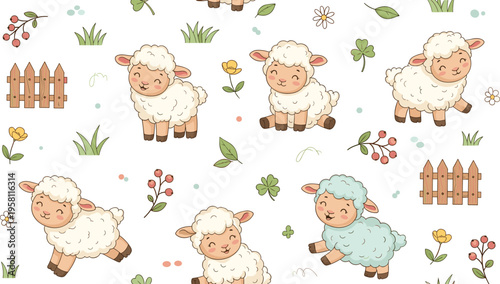 Cute Cartoon Sheep Lamb Vector Pattern Set with Farm Animals, Flowers, Leaves, Wooden Fence, and Pasture Elements for Kids Nursery Illustration Collection
