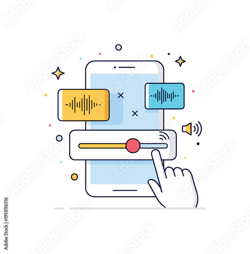 Audio volume adjustment moment featuring a smartphone screen with a moving volume slider and small sound wave icons floating nearby. The visual represents