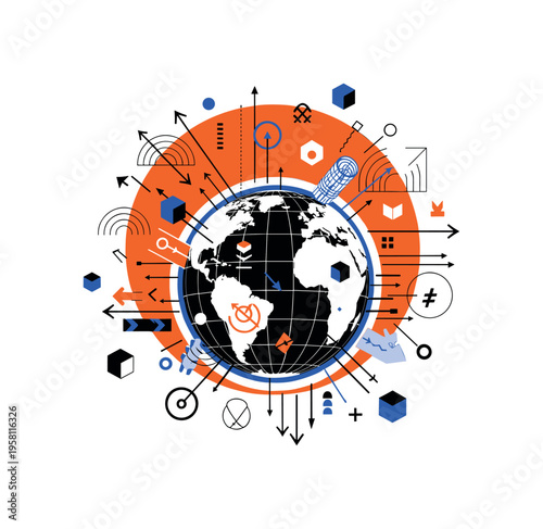 symbolic maximalist collage with black and white globe surrounded by layered arrows symbols shapes and abstract objects, cut-out globe with white contour