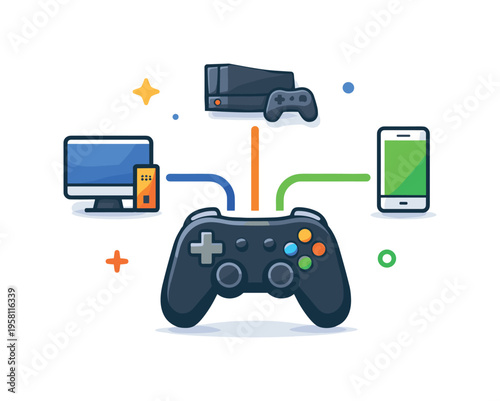 Cross-platform controller setup represented by one controller connected to multiple device icons like PC, console, and mobile screen. A modern metaphor for