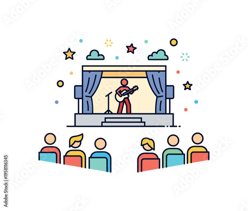 Public square performance illustrated through a small stage outline with a performer silhouette and minimal audience icons, emphasizing shared cultural