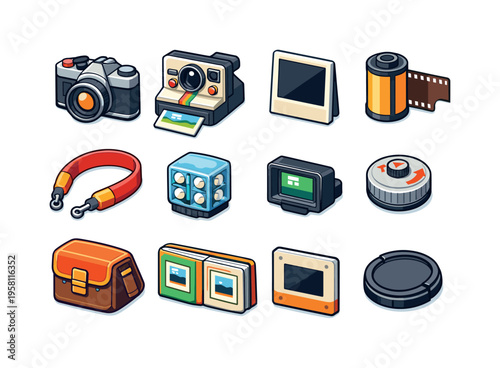 Retro Photography. Colorful isometric vector icons set of Retro Photography: retro camera, instant photo, polaroid frame, film cassette, camera strap, flash