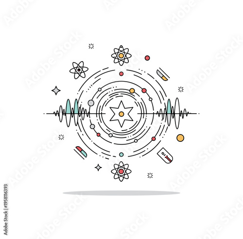 Quantum cosmos art concept tiny atoms and wave patterns forming a miniature galaxy shaped composition around a central star symbol. The illustration captures