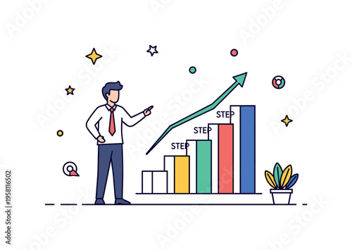 Business scaling strategy illustration centered on a consultant pointing toward a stair step growth chart, symbolizing step by step expansion and sustainable