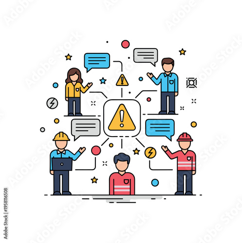 Crisis response team coordinated group standing around a communication hub with speech bubbles, alert symbols, and message lines connecting the figures. The