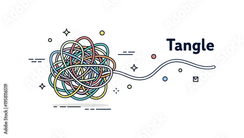 Tangle concept with a chaotic knot of intertwined lines forming a messy bundle at the center. A single smooth line begins to untangle from the knot suggesting