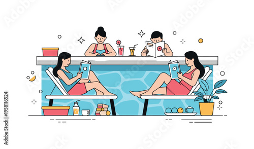 People relaxing by a pool reading magazines and sipping drinks, conveying summer leisure, comfort, and casual enjoyment. Minimalist flat vector illustration,