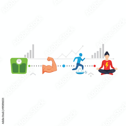 Health progress visualized weight scale, muscle, running, meditation, and growth charts