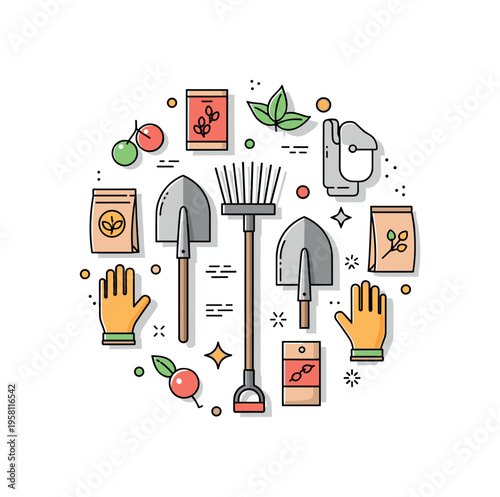 Choosing garden tools compact arrangement of shovel, rake, gloves, and seed packets forming a balanced circular composition. A clear editorial illustration