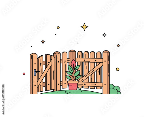 Garden fence corner wooden fence section with a small gate while a plant and decorative stars highlight a peaceful backyard setting. Cozy visual story of home