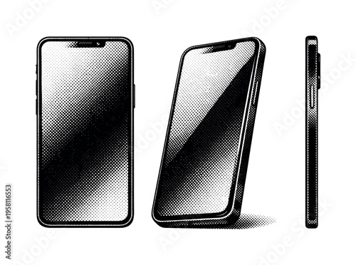 Smartphone front view A modern smartphone with slim bezels, flat glass screen, and rounded corners shown from front, angled, and side views as a single object