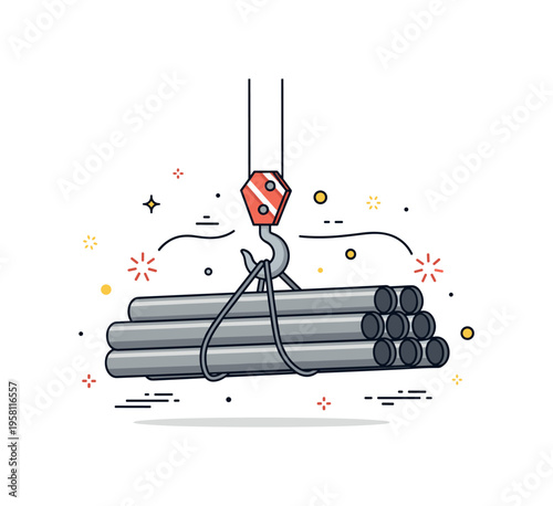 Heavy machinery lifting concept with a crane hook gripping a steel pipe bundle. Small spark accents and subtle cable tension lines communicate industrial